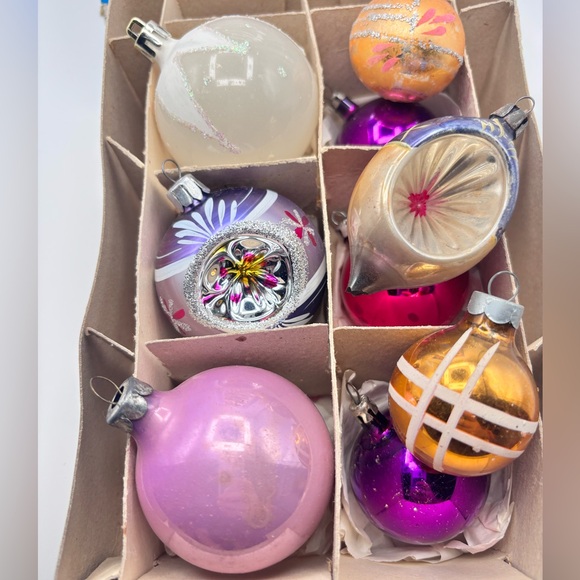 Vintage Mixed Glass Ornaments Set of 9 Shiny Brite Style Indents & Baubles - Picture 3 of 4